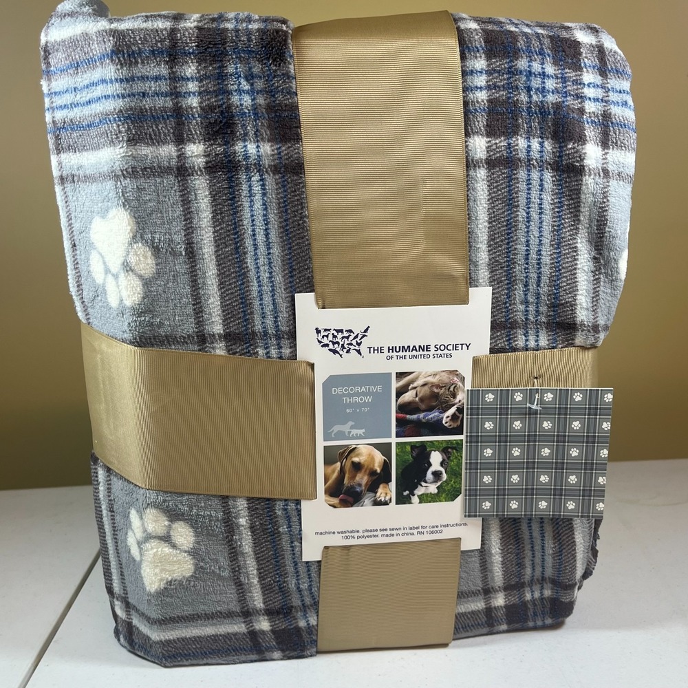 Humane Society Decorative Throw Blanket 60x70 Gray Plaid Fleece with Paw Prints